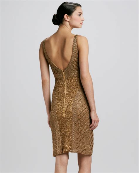 Lyst Theia Beaded Sequined Cocktail Dress In Brown