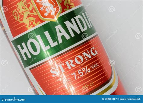 Dutch Beer Hollandia Strong Can Closeup Against White Editorial