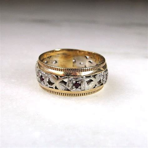 Vintage 14k Yellow And White Gold Filigree Ruby Gemstone Band Ring Sz 6