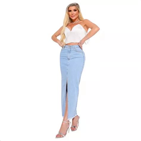 Saia Midi Jeans Cintura Alta Marmorizada Fenda Frontal Frete Gr Tis