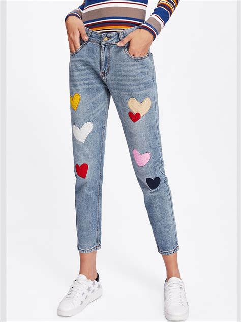 Heart Embroidered Patches Jeans EmmaCloth-Women Fast Fashion Online