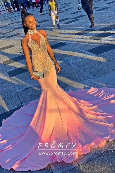 Beaded Halter V Neck Pink Long Train Prom Dress Promfy