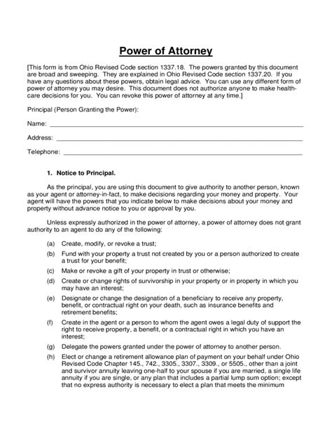 Printable Power Of Attorney Forms Ohio Printable Forms Free Online