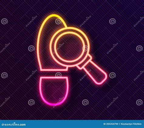 Glowing Neon Line Magnifying Glass With Footsteps Icon Isolated On Black Background Detective