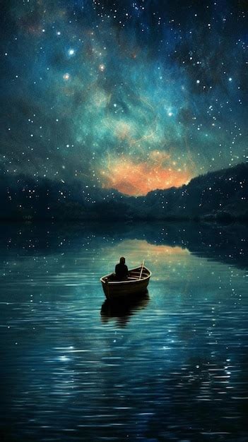 Pintura De Un Hombre En Un Bote En Un Lago Con Un Cielo Estrellado Ai