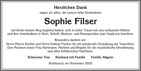 Traueranzeigen Von Sophie Filser Augsburger Allgemeine Zeitung