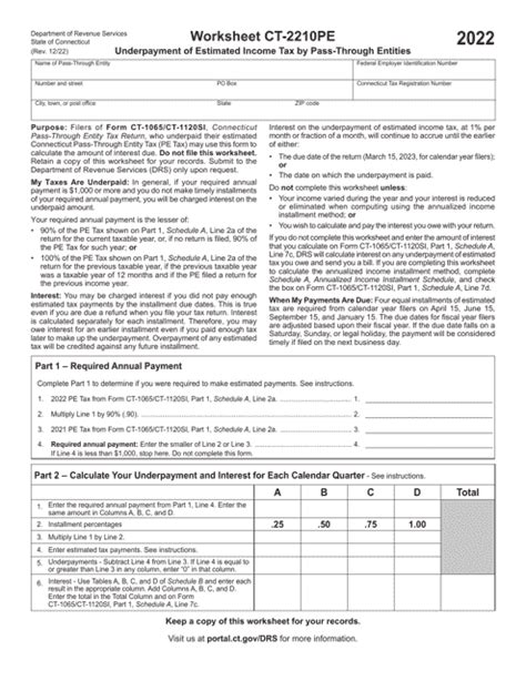 Worksheet Ct 2210pe Download Printable Pdf Or Fill Online Underpayment Of Estimated Income Tax