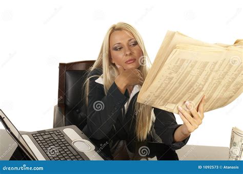 Beautiful Blonde Reading Newspaper Stock Image Image Of Banking Communication