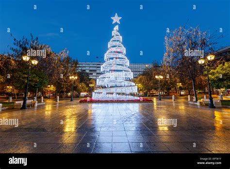 Syntagma Square In Athens Greece With A Large Christmas Tree It Its