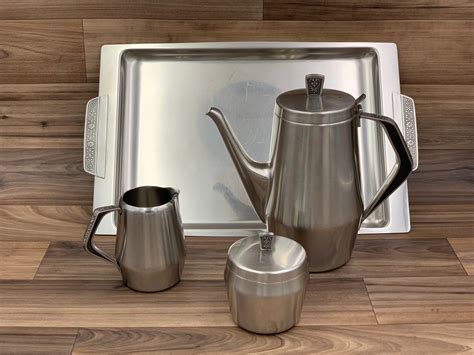 Mid Century Stainless Coffee Tea Set Cordova By Riviera Floral Scroll