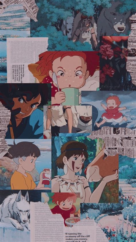 Ghibli Mononoke Ponyo Collage Aesthetics Anime Tela De