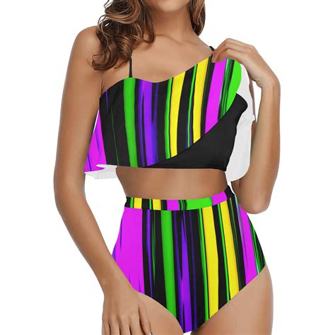 Mardi Gras Stripes High Waisted Ruffle Bikini Set Model S ID D