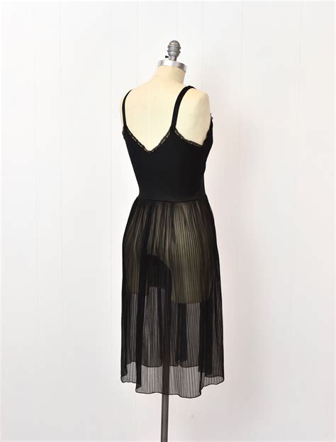 1950s 1960s Black Lace Seamprufe Pleated Boudoir Lingerie Slip Dress Canned Ham Vintage