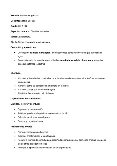 planificación hidrósfera 5to grado Escuela Antártida Argentina