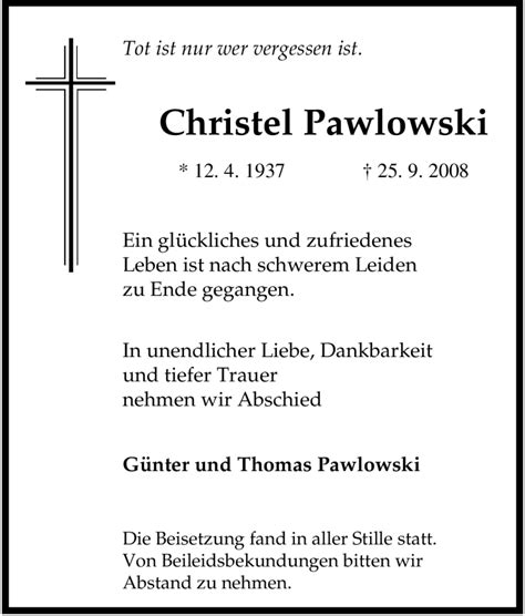 Traueranzeigen Von Christel Pawlowski Trauer In NRW De