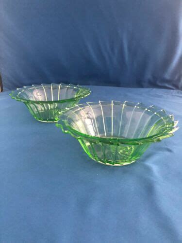 Pair Of Sierra Pinwheel Green Depression Glass Cereal Fruit Bowls Excellent Antique Price