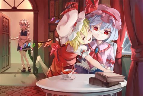 Asutora Barefoot Blonde Hair Blue Eyes Blue Hair Book Braids Drink Flandre Scarlet Glasses Group