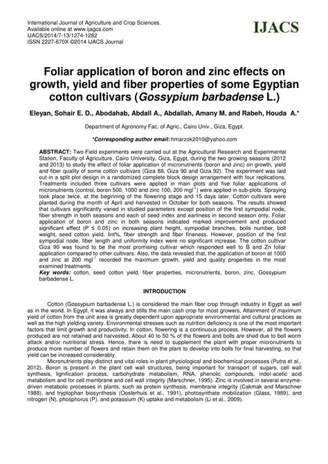 PDF Foliar Application Of Boron And Zinc Effects On Growth Yield And