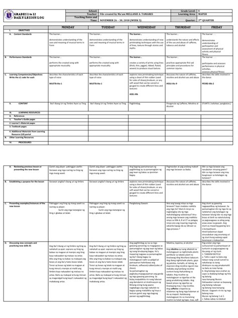 Dll Quarter 3 Week 5 Mapeh 5 Pdf Learning