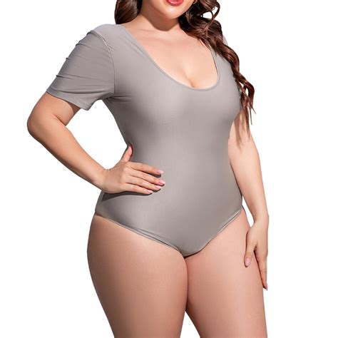 Jggspwm Solid Bikini Plus Size Swimsuit For Women Scoop Neck Short Sleeve Square Open Back