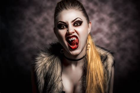 Women Vampires Model Blonde Women Indoors Red Lipstick Open Mouth