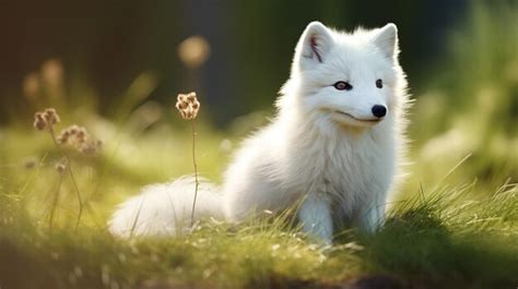 Premium Photo Cute White Arctic Fox Sitting On Grass Landscape Image