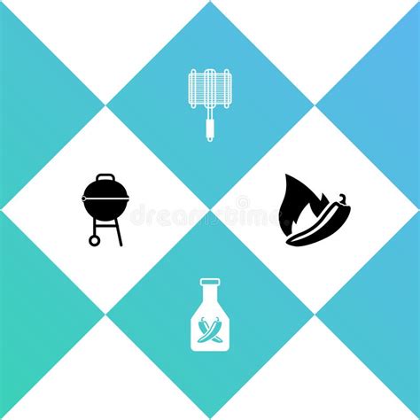 Set Barbecue Grill Ketchup Bottle Steel Grid And Hot Chili Pepper Pod Icon Vector Stock