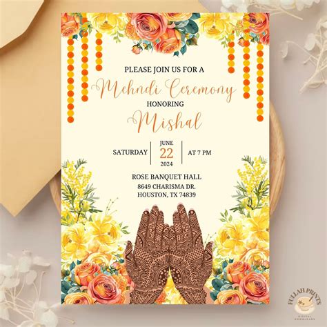 Yellow And Orange Mehndi Invitation Floral Mehndi Invite Henna Invite Dholki Invitation