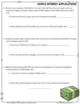 Simple Interest Word Problems Worksheet TPT