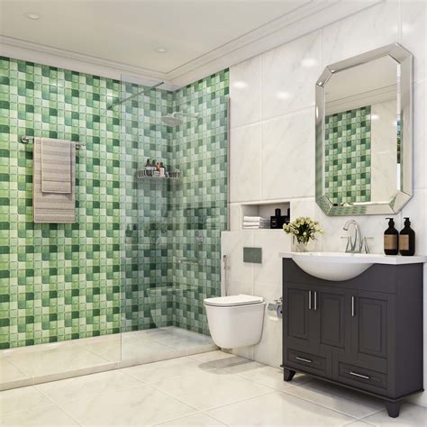 Glossy Ceramic Green Square Bathroom Tile Design - 300x300 mm | Livspace