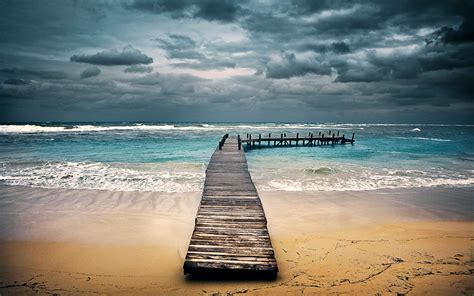 Nature Landscape Beach Sand Sea Dock Waves Clouds Tropical