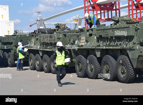 Stryker Vehicles From 2nd Stryker Brigade Combat Team 2nd Infantry Division Are Offloaded At