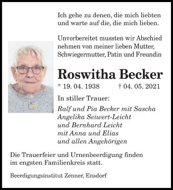 Traueranzeigen Von Roswitha Becker Saarbruecker Zeitung Trauer De