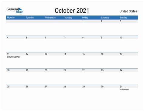 October 2021 - United States Monthly Calendar with Holidays