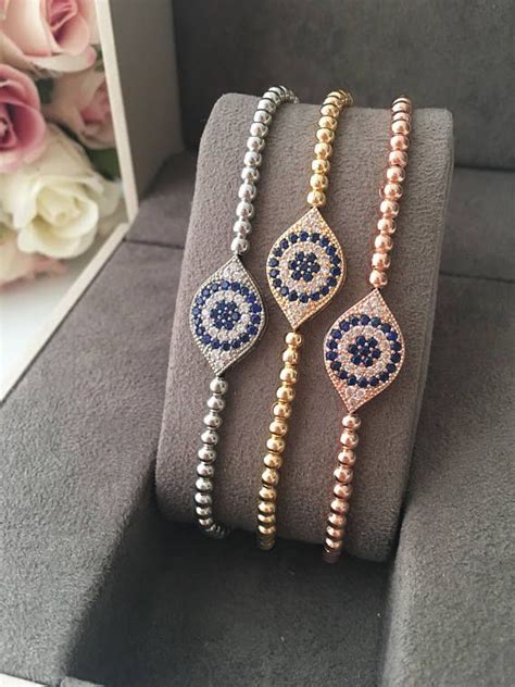 Evil Eye Bracelet Silver Rose Gold Evil Eye Bracelet Beaded Evil Eye