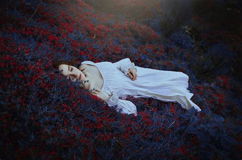 Women Mood Bokeh Brunette Lying Down Model Red Flower White Dress Hd Wallpaper