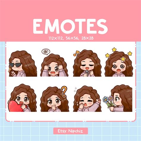 Cute Girl Brown Curly Hair Emotes 8 Pack Chibi Girl Emotes For