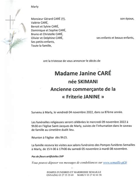 Avis de décès de JANINE CARE Pompes funèbres Semaille