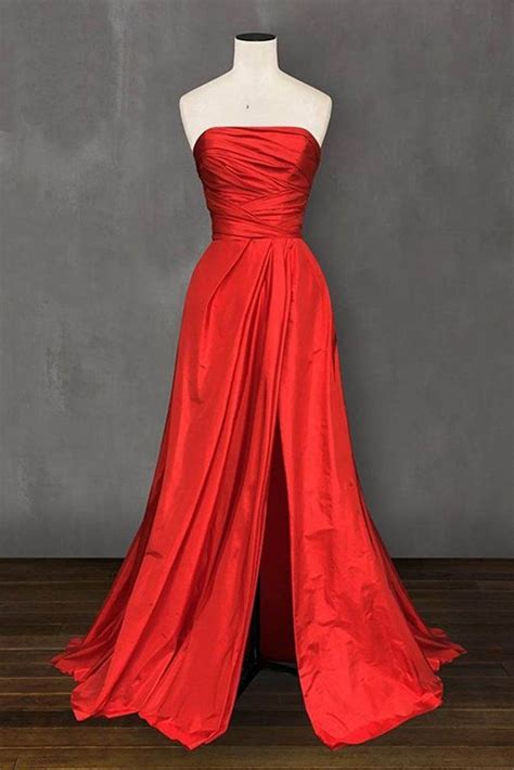 Red Satin Strapless Long Split A Line Customize Size Prom Dress Satin Bridesmaid Dresses