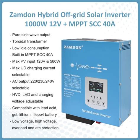 Zamdon 1kw 12V Hybrid Offgrid Toroidal Pure Sine Wave Solar Power