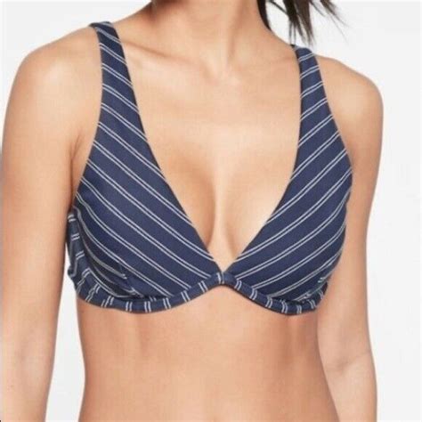 Athleta French Stripe Piha Plunge Bikini Top 34D DD N Gem