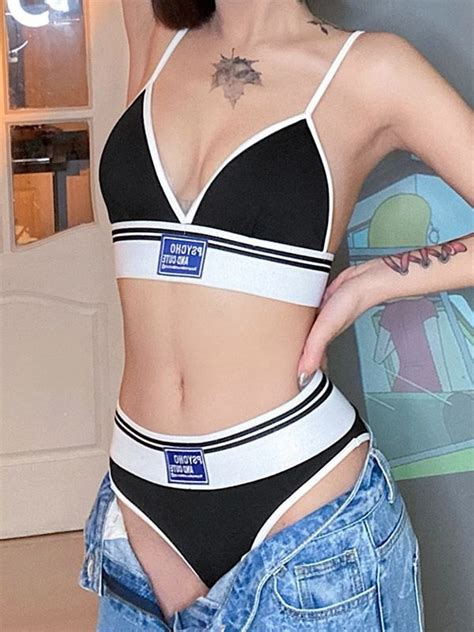 Emmiol Free Shipping Contrast Logo Patch Bikini Set Black M In