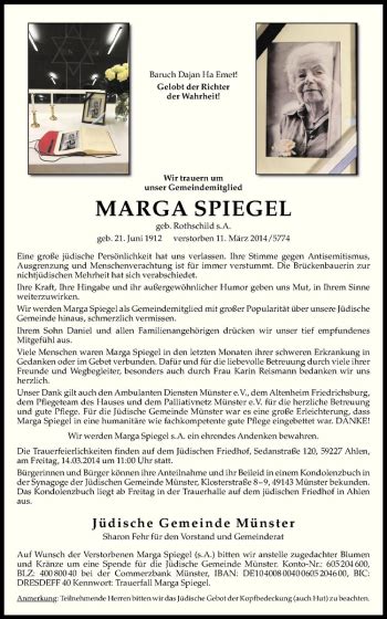 Traueranzeigen Von Marga Spiegel Trauer Ms