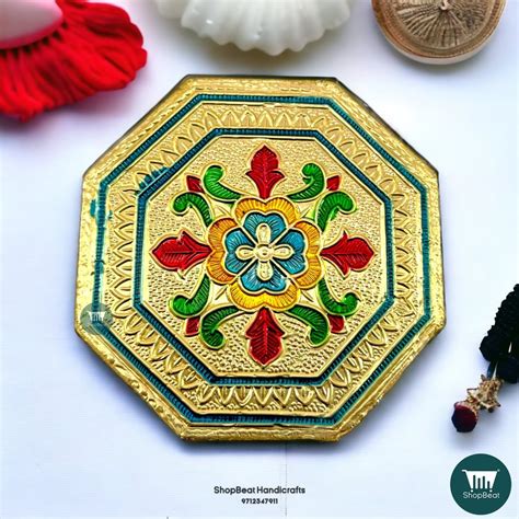 ShopBeat Golden Oxidised Octagon Flower Wooden Pooja Chowki 4x4 Inches