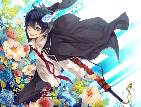 Ao No Exorcist Blue Eyes Blue Hair Flowers Guru Nicocco Katana