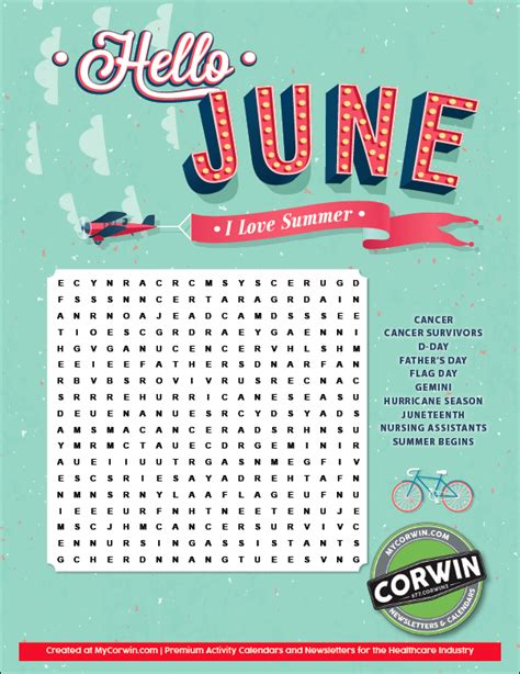 June Word Search Free Printable