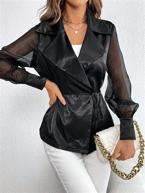 Shein Essnce Contrast Mesh Lantern Sleeve Belted Satin Blouse Shein Usa