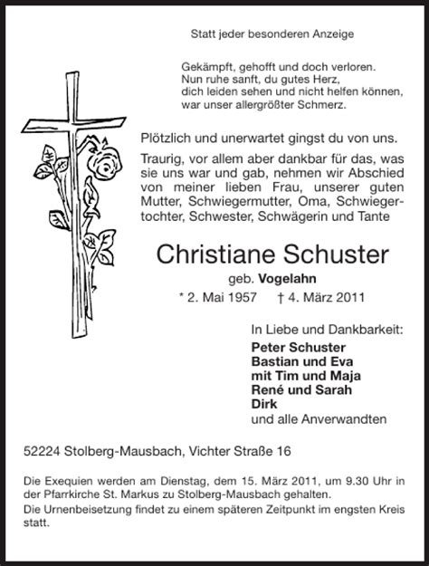 Traueranzeigen Von Christiane Schuster Aachen Gedenkt