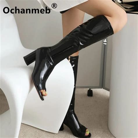 Ochanmeb buty ze skóry lakierowanej Kneehigh kobiety Peep Toe Zipper