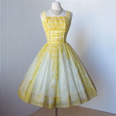 Vintage 1950s Dress Fabulous Yellow And White Chiffon